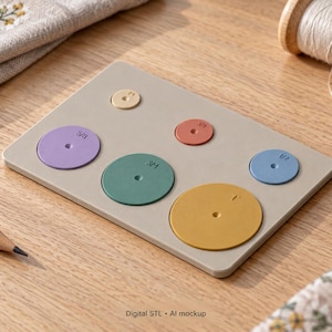 May include: A rectangular beige template featuring six circular cutouts of varying sizes, each labeled with fractions including 1/4, 3/8, 1/2, 5/8, 3/4, and 1. The circles are colored in light yellow, lavender, terracotta, teal, blue, and mustard yellow.
