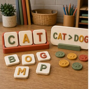May include: A wooden educational toy set featuring a red tray holding three square tiles spelling CAT, a rectangular board displaying CAT > DOG, and loose square letter tiles B, O, G, M, P, along with five circular tokens embossed with stars.