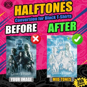 Puede incluir: Imagen que compara la conversión de semitonos "ANTES" y "DESPUÉS" para camisetas negras. La imagen "ANTES" muestra un póster a color de "Juego de Tronos", marcado con una "X" roja. La imagen "DESPUÉS", etiquetada como "MID TONES", muestra el póster en estilo semitono, marcado con una marca de verificación verde.