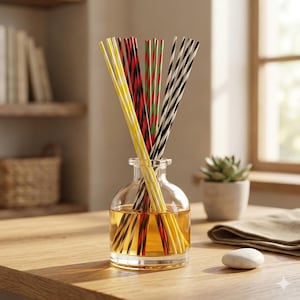 Puede incluir: Un difusor de aromaterapia de vidrio transparente con líquido ámbar y palitos de caña coloridos. Los palitos son amarillos, rojos, verdes y con rayas blancas y negras. La botella está sobre una mesa de madera, con una pequeña planta suculenta y una piedra en el fondo.