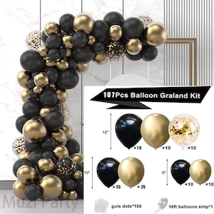 May include: A 107-piece balloon garland kit featuring black, metallic gold, and gold confetti-filled balloons. The kit includes various sizes of 30.48 cm, 25.4 cm, and 12.7 cm balloons, along with 100 glue dots and a 4.88-metre balloon decorating strip.