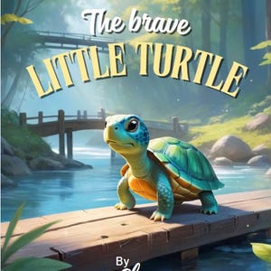 Op de afbeelding: Kinderboekcover met een cartoon schildpad, blauwe kop en groene schild, op een houten steiger. De titel "The brave LITTLE TURTLE" staat boven de schildpad, met de naam van de auteur "By Shu" onderaan. De achtergrond toont een brug en water.