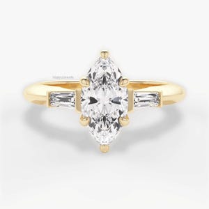 Drei Stein Verlobungsring, 2.80ct Moissanit Diamantring im Marquise Schliff für Sie, Solid Goldring, Diamant Ehering, Handgemachter Schmuck