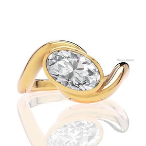 East West Moissanite Engagement Ring, Oval Cut Moissanite Diamond Ring For Her, 14K  Solid Gold Bridal Ring, Bezel Set Ring, Gift For Her