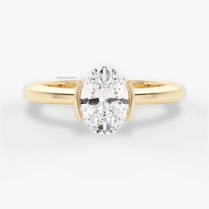 Oval Moissanite Engagement Ring, 1.50ct Solitaire Diamond Anniversary Ring, Half Bezel set 14K Solid Gold Bridal Jewelry, Customized Ring