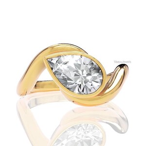 East West Solitaire Engagement Ring, 2.50ct Pear Cut Moissanite Diamond Ring, Bezel Set 14K Solid Gold Wedding Ring, Diamond Bridal Ring