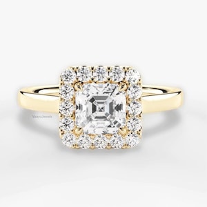 Asscher Cut Moissanite Diamond Solitaire Engagement Ring, 2.90ct Halo Set Wedding Anniversary Ring For Her, 14k Solid Gold Jewelry For Women