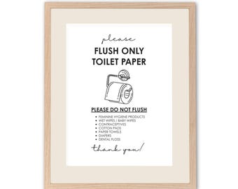 Flush Only Toilet Paper Sign: Modern Airbnb Bathroom Rules (PDF Download 8.5x11"