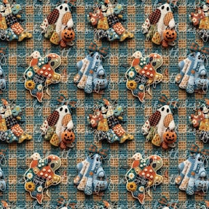 May include: A repeating pattern featuring ghost-shaped figures and floral shapes on a blue and brown plaid background. The ghosts are decorated with various patchwork-style prints, including sunflowers, polka dots, and plaid, with small pumpkins.
