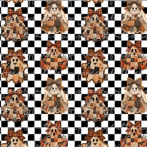 May include: A repeating pattern featuring cartoon ghosts with patchwork-style bodies in shades of orange, black, and white. Each ghost wears a large bow on its head and holds a small pumpkin. The background consists of a black and white checkerboard.