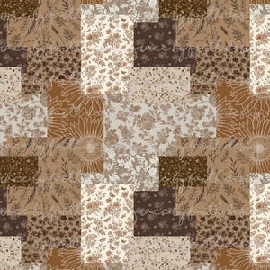 May include: A patchwork design featuring various floral and botanical patterns in shades of brown, beige, and cream. The design includes sunflowers, floral prints, and handwritten script accents. The overall aesthetic is rustic and vintage.