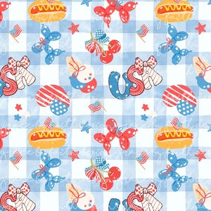 May include: A repeating pattern with American patriotic symbols on a blue and white gingham background. The design includes hot dogs, balloon animals, cherries, ice cream cones, stars, flags, and the letters "US".