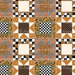 May include: A repeating fabric pattern featuring a patchwork quilt design. The squares alternate between leopard print, black and white checkerboard, solid tan, and olive green. White dashed lines simulate stitching between the fabric blocks.