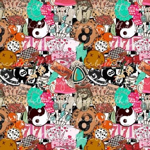 May include: A vibrant collage featuring a checkerboard pattern with various elements. Includes dice, playing cards, yin-yang symbols, sneakers, and the number 8. The color palette is a mix of pink, black, white, and turquoise.