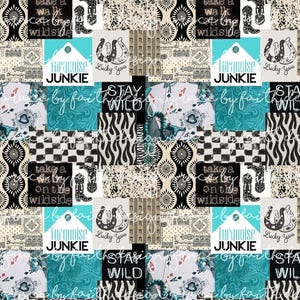 Puede incluir: Un diseño de patchwork con varios patrones, incluyendo cuadros blancos y negros, rayas de cebra y motivos florales. El diseño incorpora elementos de texto como "Turquoise Junkie", "Stay Wild" y "Take a walk on the wildside."