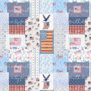 Puede incluir: Un diseño de patchwork patriótico con símbolos estadounidenses. El diseño incluye banderas americanas, águilas, perritos calientes y lazos, sobre un fondo de patrones rojos, blancos y azules. El texto "Grace by Faith Designs" es visible.