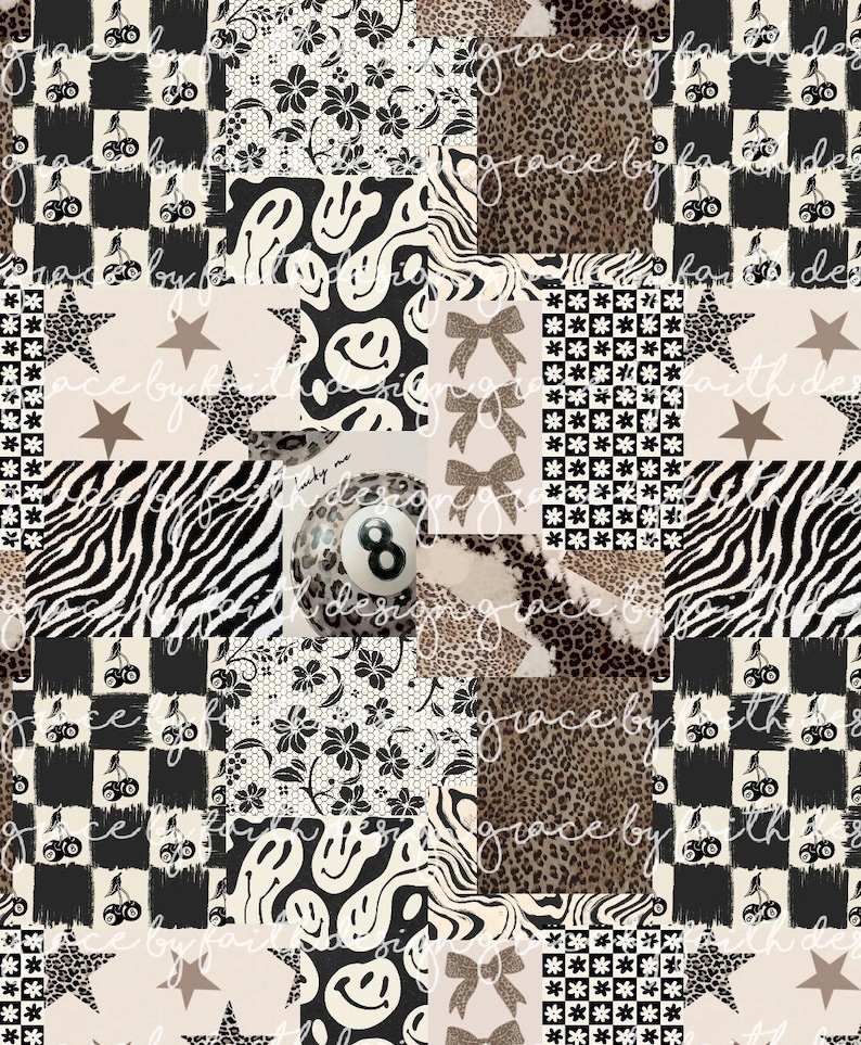 May include: A patchwork design featuring various patterns including zebra stripes, leopard print, smiley faces, stars, bows, and checkerboard squares. A pool ball with the number 8 is centered. The design incorporates black, white, and tan colors.