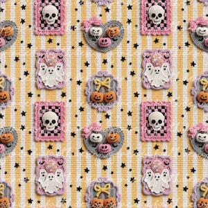 Peut inclure: Un motif répétitif sur un fond à rayures jaunes et blanches avec des étoiles noires. Le design présente des motifs crochetés incluant des crânes dans des cadres roses à carreaux, des fantômes blancs dans des cadres violets, et des cœurs gris.