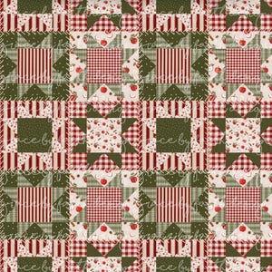 Peut inclure: Un motif de courtepointe répétitif présentant un design en patchwork de carrés et de triangles. Les blocs de tissu alternent entre des rayures rouges et blanches, du vichy rouge et blanc, des unis vert foncé et un fond crème à motifs de pommes.