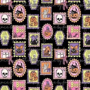 May include: A black fabric pattern featuring repeating postage stamp-style illustrations of Halloween motifs including skulls, pumpkins with black cats, mummies, ghosts, cauldrons, haunted houses, and skeletons in coffins labeled Dead Inside.