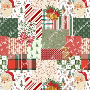 May include: A patchwork design featuring various Christmas-themed patterns. Santa Claus faces, candy canes, Christmas trees, bells, and reindeer are set against red, green, and cream backgrounds. The design is a mix of stripes, plaid, and floral elements.