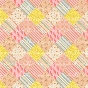 May include: A colorful patchwork pattern featuring various geometric shapes. The design incorporates stripes, floral prints, and lightning bolt motifs in shades of pink, yellow, and peach. The word "grateful" is written in cursive across the pattern.