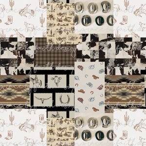May include: A patchwork design with Western-themed patterns. The design includes images of cowboy hats, horses, cacti, boots, and cowhide textures in shades of brown, beige, and black. The words "grace by faith design" are written across the image.