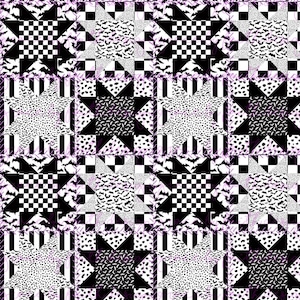 Peut inclure: Une courtepointe présentant un motif d'étoiles répétitif en noir et blanc. Le design intègre divers blocs géométriques, notamment des carrés à damier, des rayures verticales et de petites silhouettes de chauves-souris, disposés en grille.