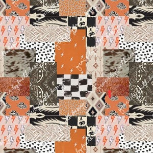 May include: A patchwork design featuring various patterns and textures. The design includes orange, black, white, and brown squares with lightning bolts, cowhide, and paisley elements. The words "grace by faith design" are visible.