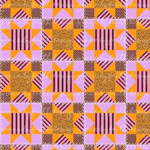 May include: A repeating quilt pattern featuring a grid of squares with alternating designs. The blocks include orange, light purple, black and pink striped squares, black and white checkered squares, and black and orange leopard print squares.