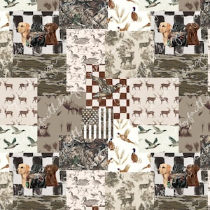 May include: A patchwork design featuring hunting and wildlife motifs. The pattern includes images of dogs, ducks, deer, pheasants, and camouflage, set against a backdrop of checkered, floral, and American flag patterns. The color palette is dominated by shades of brown, beige, and green.