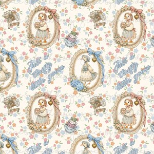 Puede incluir: Patrón repetitivo con una ilustración vintage de un ganso con gorro y delantal. El ganso sostiene objetos. La frase "Just a thrifty little goose" está escrita en cursiva, con detalles florales.