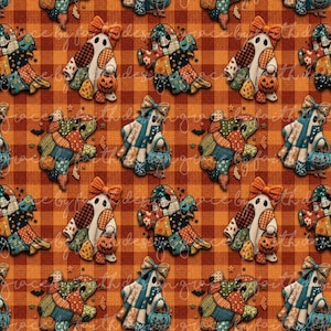 Puede incluir: Un patrón repetitivo sobre un fondo de cuadros naranja y marrón con fantasmas estilo patchwork con lazos y cubos de calabaza, intercalados con pequeños murciélagos negros y estrellas, con una marca de agua de texto.