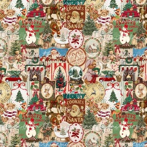 Puede incluir: Un patrón repetitivo de ilustraciones navideñas de estilo vintage con osos de peluche, muñecos de nieve, Santa Claus, renos, árboles de pino decorados, bolas de nieve y camiones rojos. El diseño incluye texto como Cookies for Santa y Peppermint Lane.
