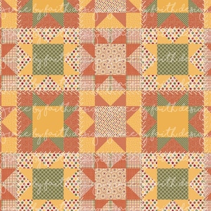 Puede incluir: Un patrón de tela para colcha con un diseño de bloques repetitivos en tonos amarillo mostaza, verde oliva y naranja quemado. El patrón incluye formas geométricas, estampados de estrellas pequeñas, motivos circulares y texturas a cuadros.