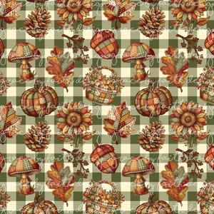 May include: A repeating pattern on a green and cream chequered background featuring patchwork-style illustrations of sunflowers, pumpkins, mushrooms, pinecones, acorns, autumn leaves, and baskets filled with small gourds, with the text grace by faith design.