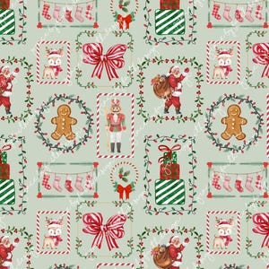 Op de afbeelding: Een herhalend patroon met kerstillustraties op een lichtgroene achtergrond. Het ontwerp bevat de kerstman, rendieren, peperkoekmannen, notenkrakers, cadeau dozen, kousen en strikken, allemaal omlijst met decoratieve randen.