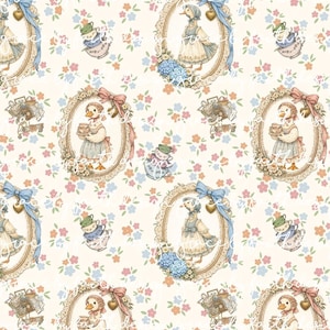 May include: A repeating pattern featuring duck characters in vintage dresses and bonnets, framed in ornate oval portraits. The background is a cream color with small floral accents in shades of pink, blue, and orange. Additional elements include teacups and shopping carts.
