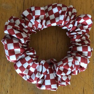 Brick Red (Not Bright Red) and White Checkerboard (Racing Flag) Cotton Handmade Hair Scrunchie