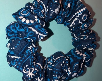 Light Blue White Bandana Print on Blue Cotton Handmade Hair Scrunchie