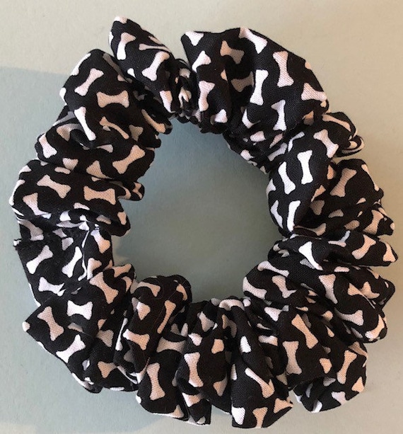 Little White Puppy Dog Bones on Black Cotton Handmade Scrunchie