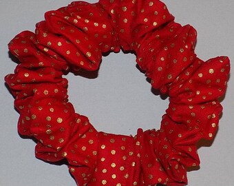 Christmas Hair Scrunchie Tiny Gold Dots on Bright Red