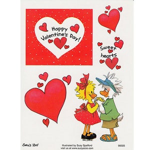 May include: A Valentine's Day sticker sheet featuring a couple of yellow chicks holding hands, a large red heart, and a card with the text "Happy Valentine's Day!" and "Sweet hearts".