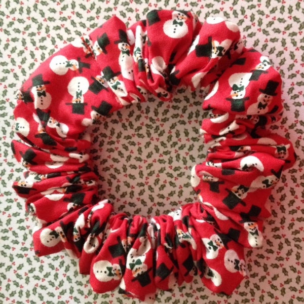 Christmas Hair Scrunchie Adorable Little Snowmen in Black Top Hats Scattered on Red