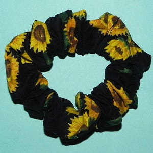 Black Background with Large Sunflowers Cotton Handmade Hair Scrunchie