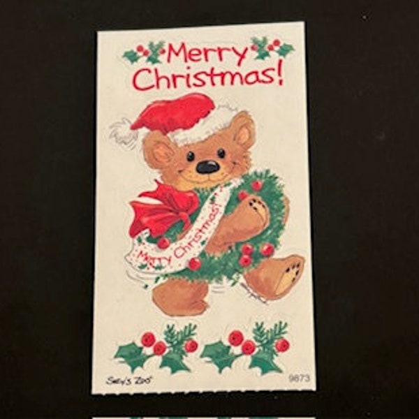 Suzy's Zoo Scrapbooking Sticker Sheet #9873 Bear with wreath and Santa hat Merry Christmas!
