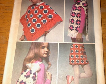 Simplicity Crochet Pattern #9742 Poncho Skirt Scarf Bag Hat Complete Kids One Size Girl's 4-14