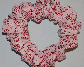 Christmas Hair Scrunchie Tiny Red and White Candy Canes on White