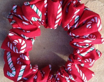Christmas Hair Scrunchie Large Red Green & White Candy Canes on Red