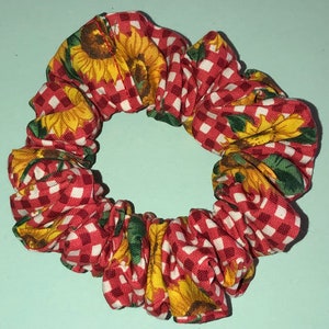 Red and White Checkerboard with Large Sunflowers Cotton Handmade Hair Scrunchie